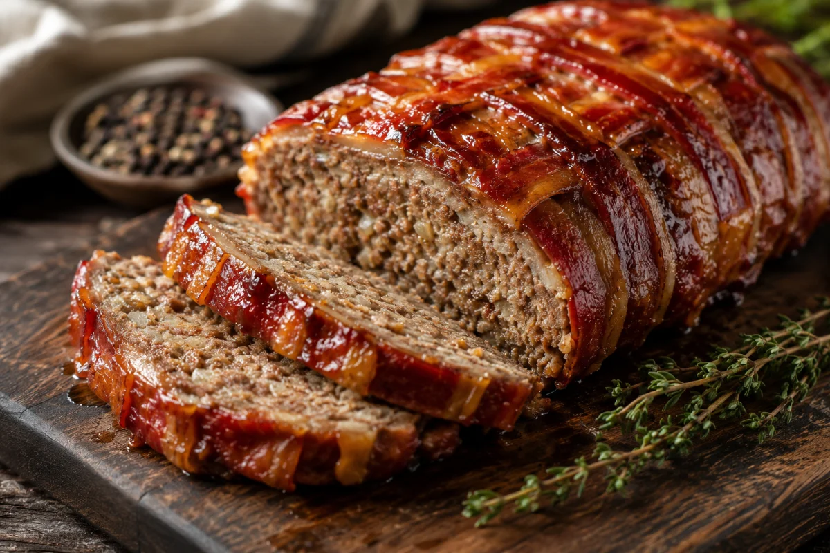 Bacon beef meatloaf, sliced open on a wood board showing juicy center — Recipeora