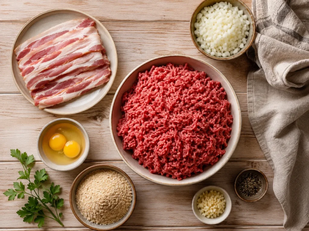 Bacon beef recipe ingredients laid out — ground beef, bacon, eggs, onion — Recipeora