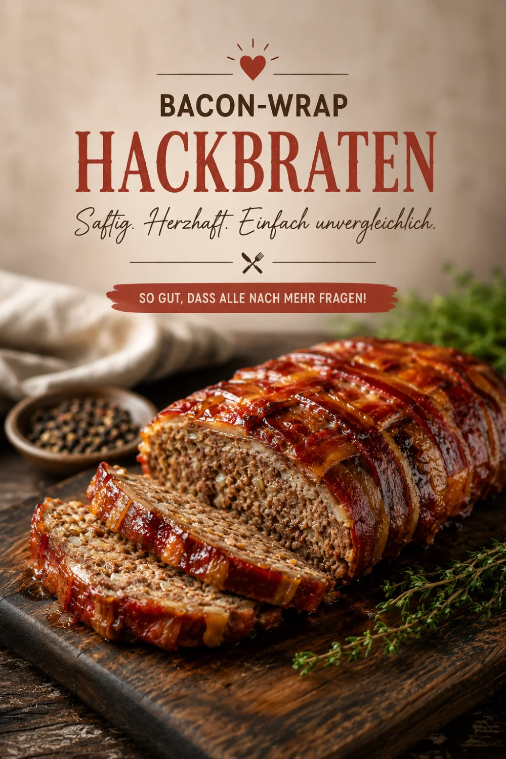 Bacon beef recipes Pinterest pin — smoky bacon-wrapped meatloaf — Recipeora