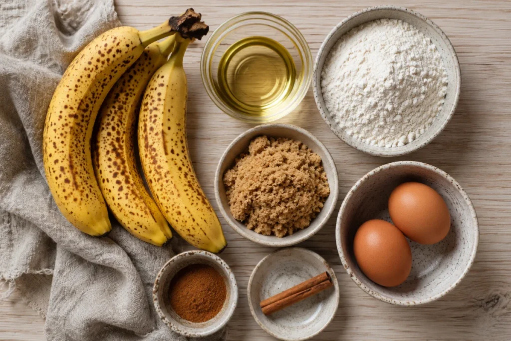 Banana bread ingredients laid out — ripe bananas, oil, eggs, flour — Recipeora