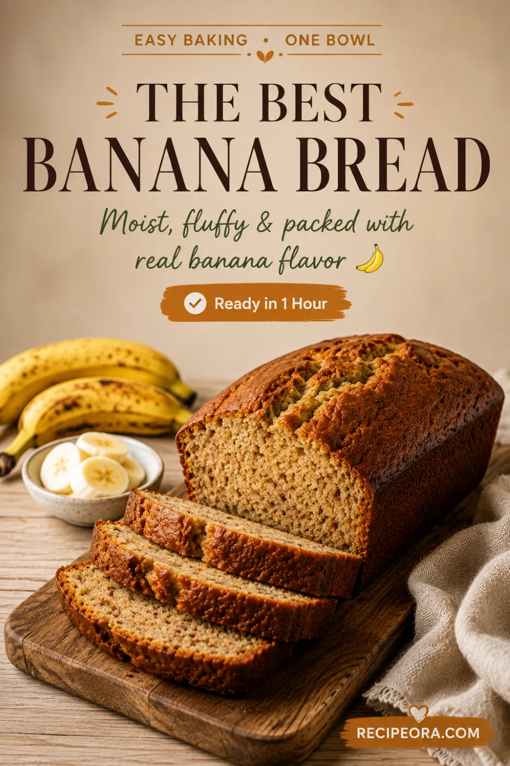 Banana bread recipe with oil Pinterest pin — moist one-bowl banana bread — Recipeora