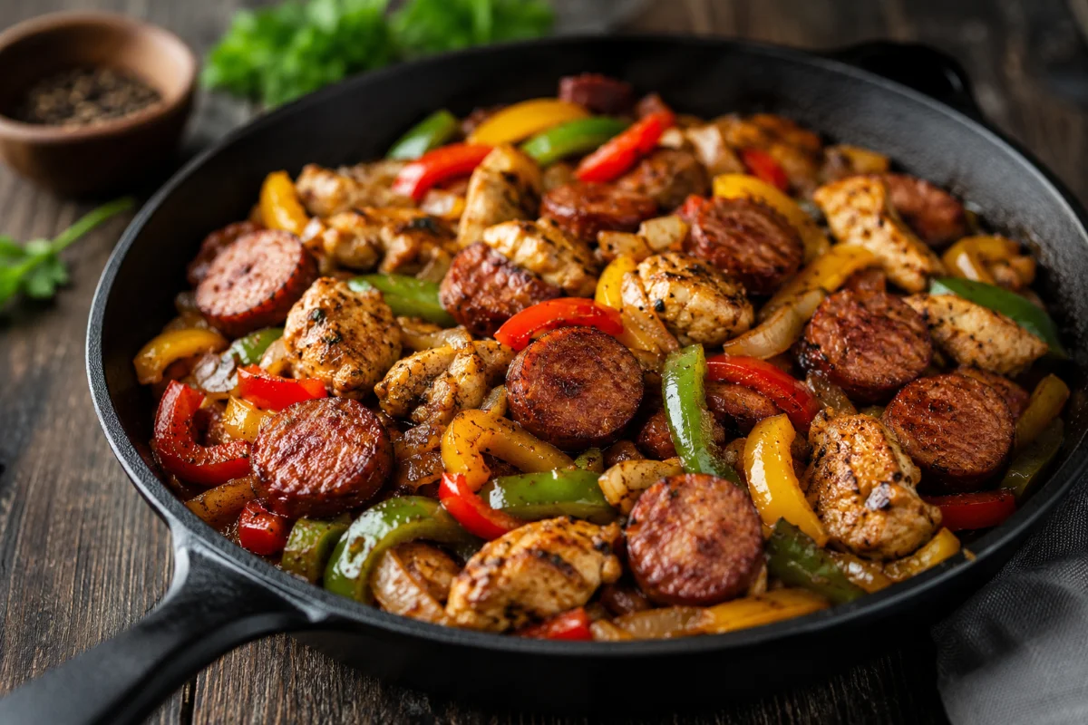 Chicken and sausage skillet, seared with bell peppers and onions — Recipeora