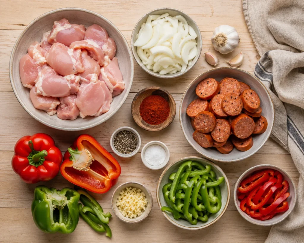 Chicken and sausage recipe ingredients laid out — chicken thighs, andouille sausage, bell peppers — Recipeora