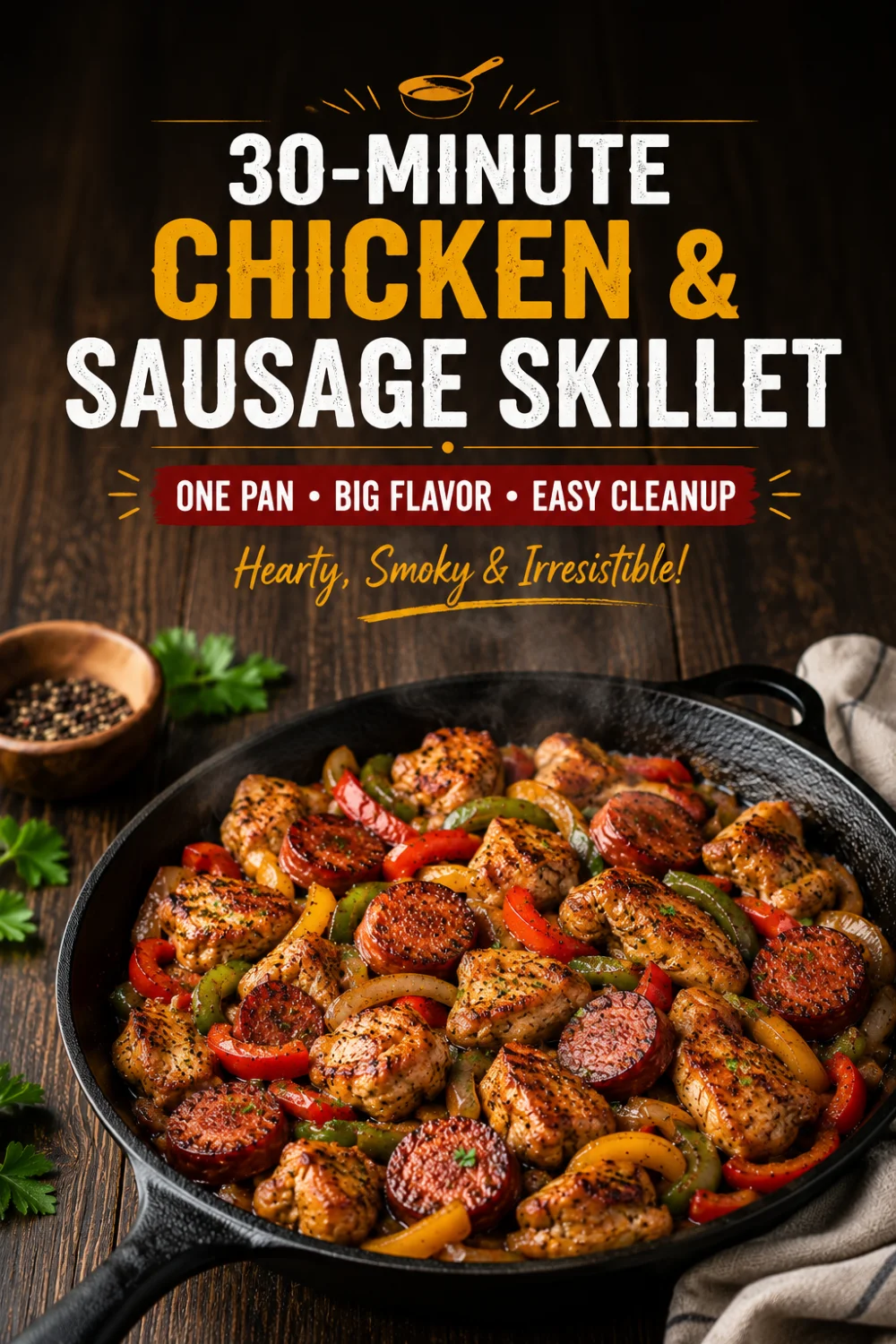 Chicken and sausage recipe Pinterest pin — easy one-pan skillet dinner — Recipeora