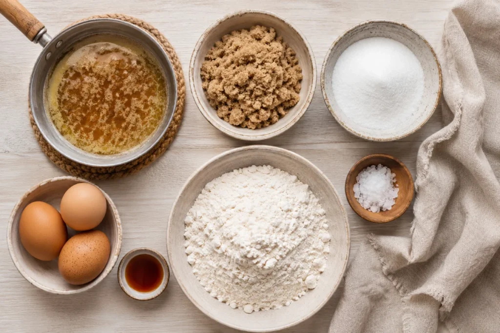Chipless cookies ingredients laid out — flour, brown sugar, browned butter — Recipeora