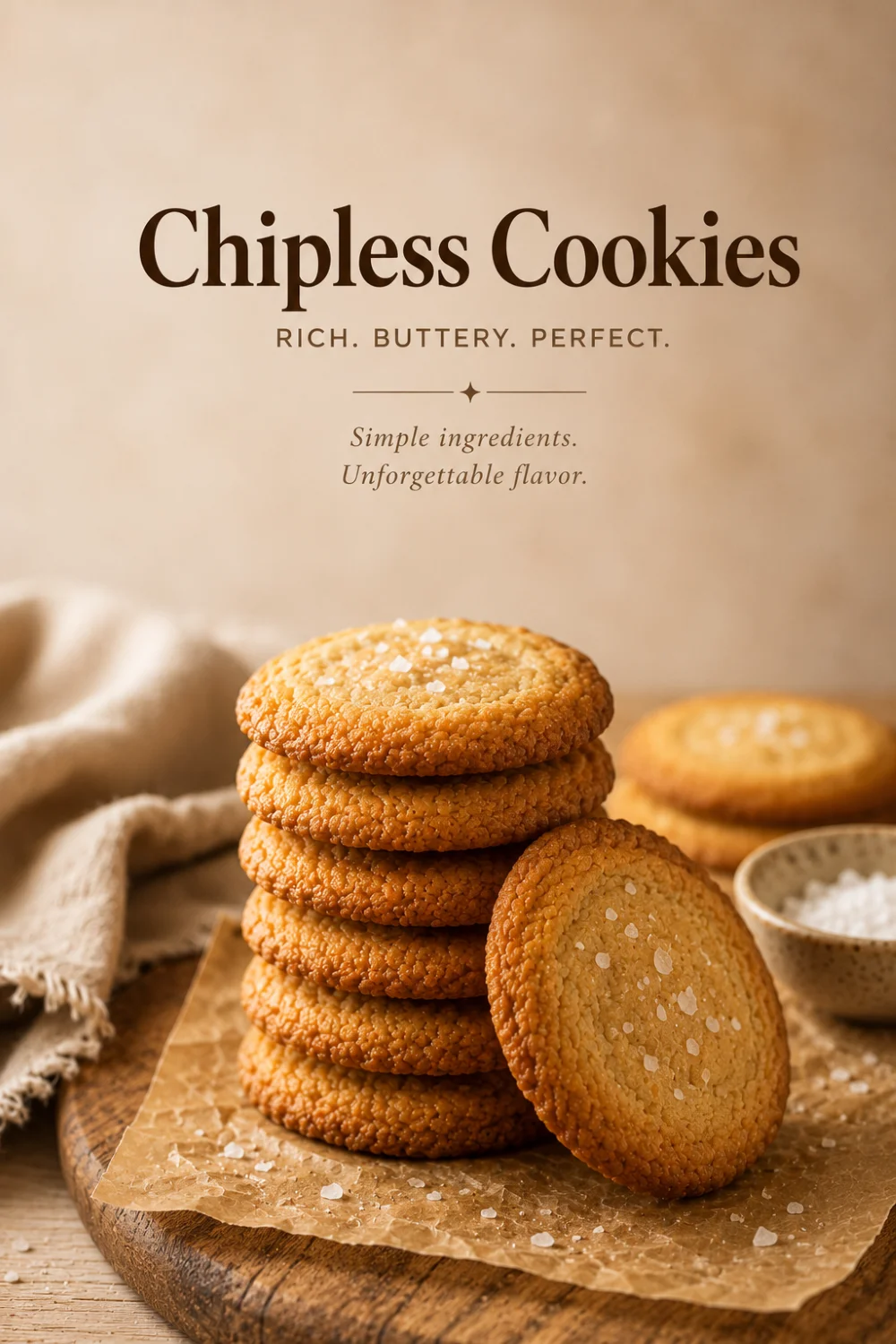 Chipless cookies Pinterest pin — chewy brown butter cookies recipe — Recipeora