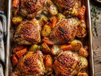 Crispy sheet pan chicken thighs with roasted potatoes and carrots, golden skin blistered