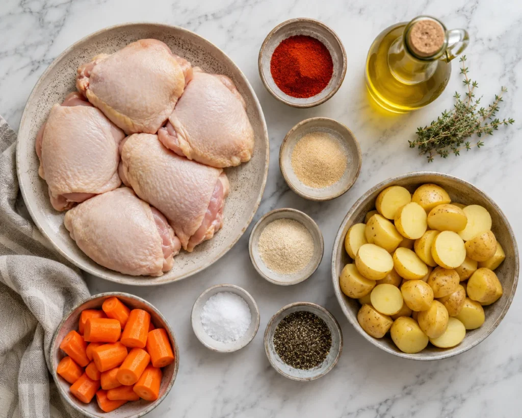 Raw ingredients laid out for crispy sheet pan chicken thighs including thighs, spices, potatoes and carrots