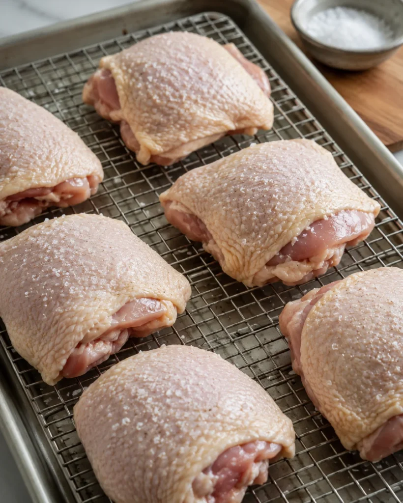 Chicken thighs seasoned with salt sitting on a wire rack for dry brining