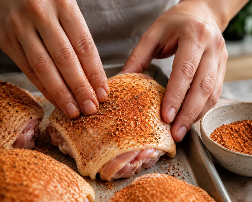 Chicken thighs being rubbed with spice blend of paprika and garlic powder