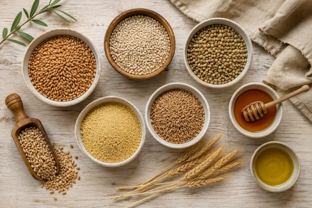 Ezekiel bread recipe ingredients laid out — wheat berries, barley, lentils, honey — Recipeora