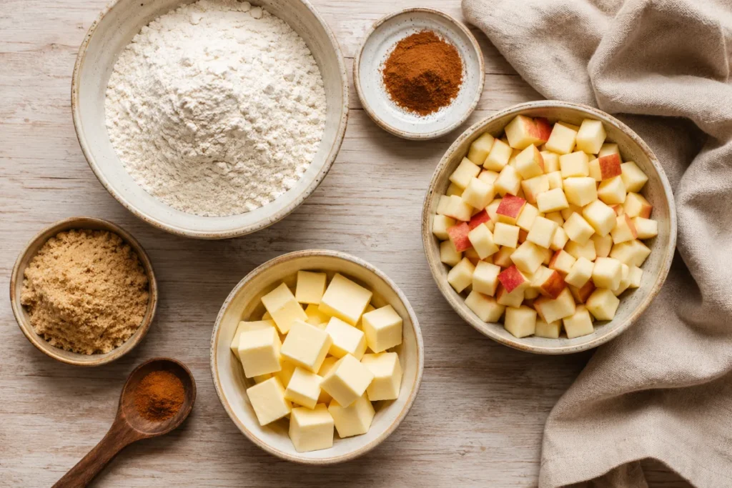 Frying saucer recipe ingredients laid out — flour, butter, diced apples — Recipeora