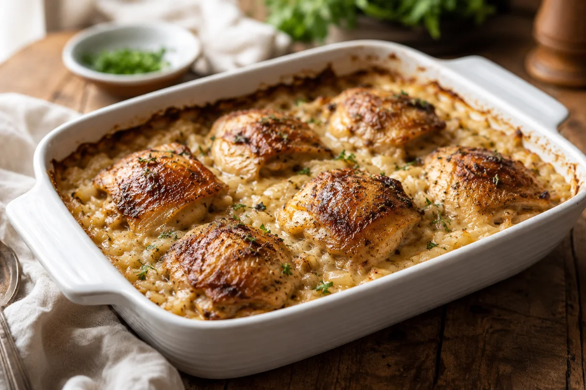 No-peek chicken casserole, golden bone-in chicken thighs over creamy rice in a baking dish — Recipeora