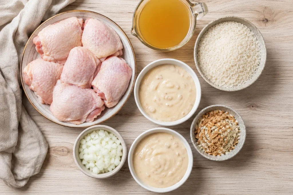 No-peek chicken casserole ingredients laid out — chicken thighs, rice, cream soup, broth — Recipeora