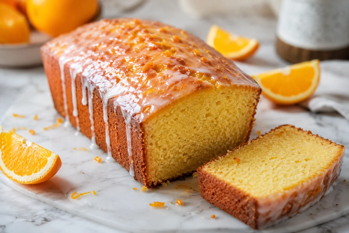 Orange pound cake, sliced with glossy orange glaze dripping down the sides — Recipeora