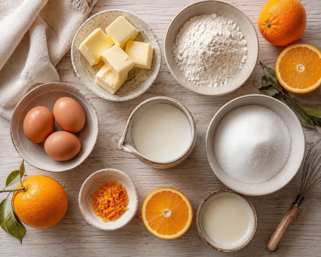 Orange pound cake ingredients laid out — butter, eggs, oranges, flour — Recipeora