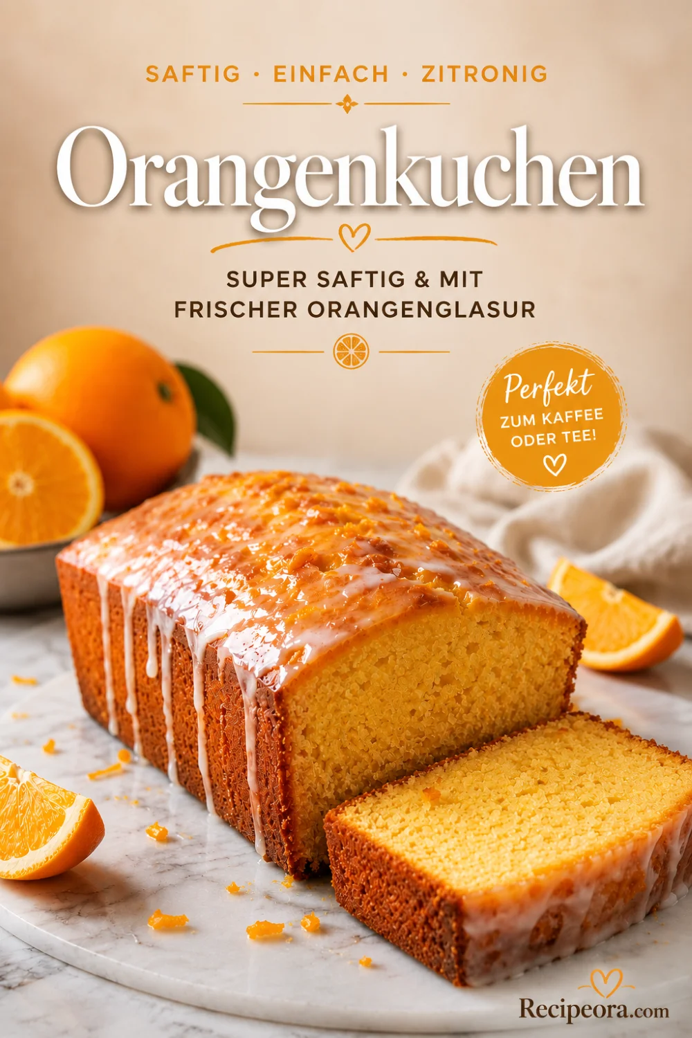 Orange pound cake Pinterest pin — moist buttery orange pound cake with citrus glaze — Recipeora