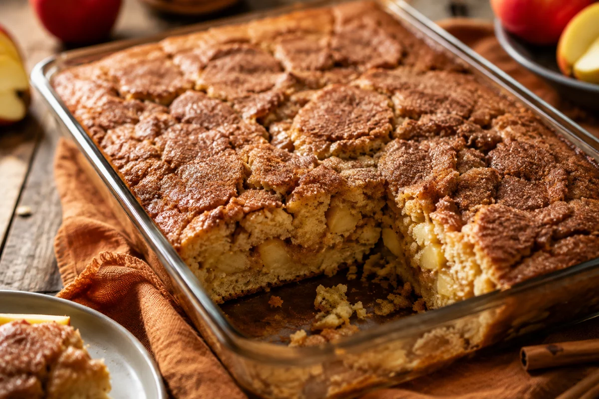 Amish apple cake recipe, sliced showing moist crumb and cinnamon-sugar crust — Recipeora