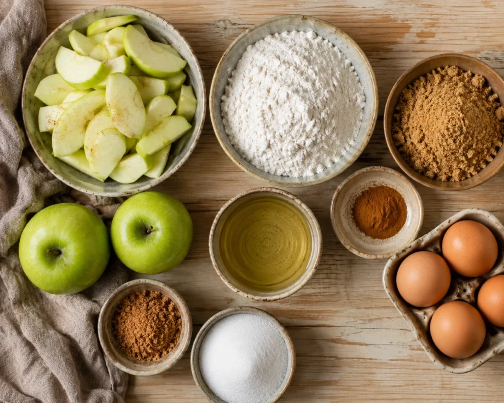 Amish apple cake ingredients laid out — apples, flour, eggs, cinnamon — Recipeora