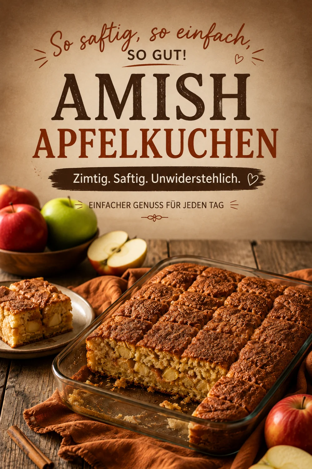 Amish apple cake Pinterest pin — moist cinnamon apple cake recipe — Recipeora