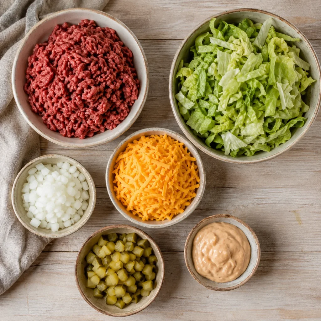 Big Mac Bowl ingredients laid out — ground beef, cheddar, pickles, special sauce — Recipeora