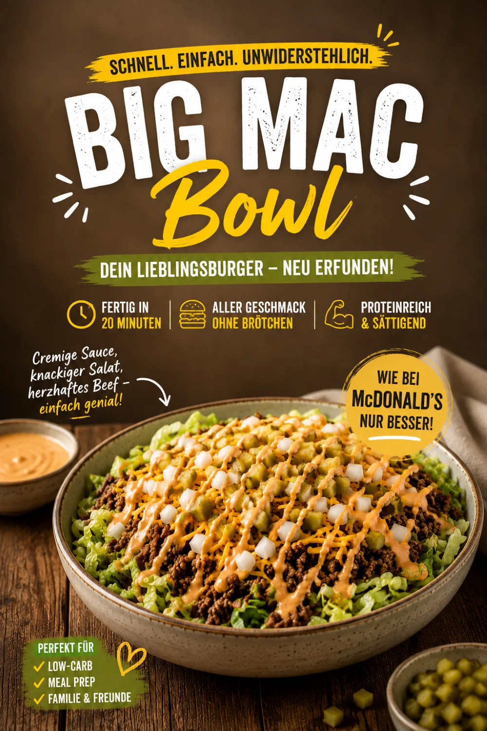 Big Mac Bowl Pinterest pin — low carb burger bowl recipe — Recipeora
