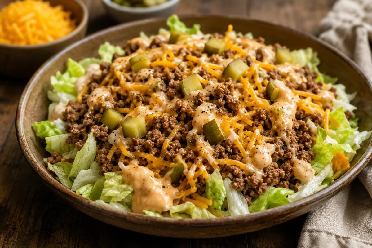 Big Mac salad recipe, seared beef and cheddar over shredded lettuce — Recipeora
