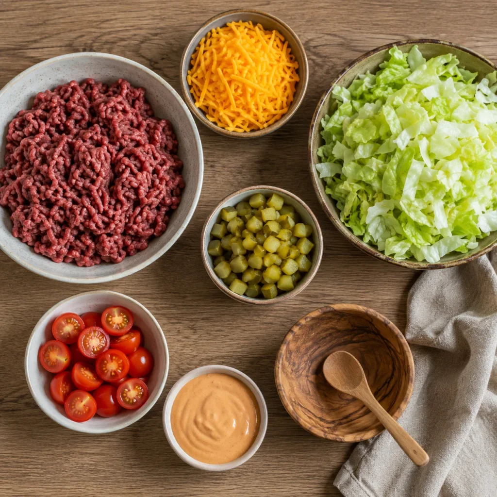 Big Mac salad ingredients laid out — ground beef, cheddar, pickles, lettuce — Recipeora