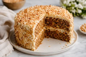 Coconut and carrot cake recipe, frosted layer cake topped with toasted coconut — Recipeora