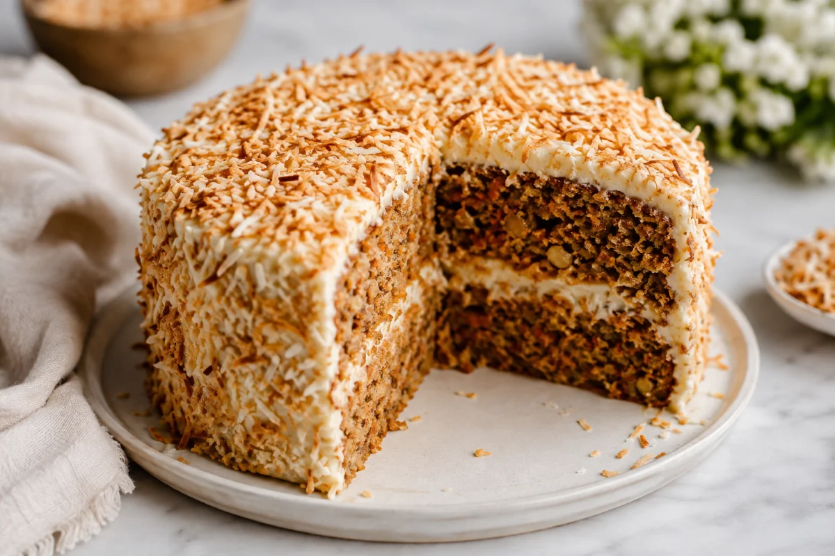 Coconut and carrot cake recipe, frosted layer cake topped with toasted coconut — Recipeora