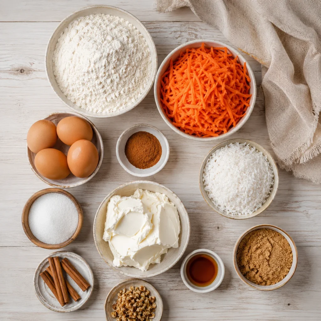 Coconut and carrot cake recipe ingredients laid out — flour, eggs, grated carrots, shredded coconut — Recipeora
