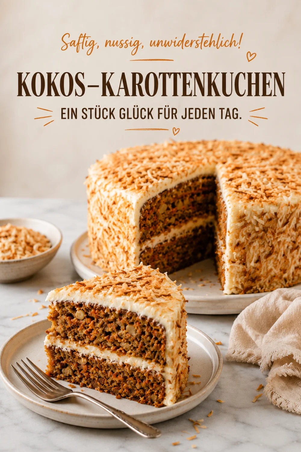 Coconut and carrot cake recipe Pinterest pin — moist carrot cake with cream cheese frosting — Recipeora