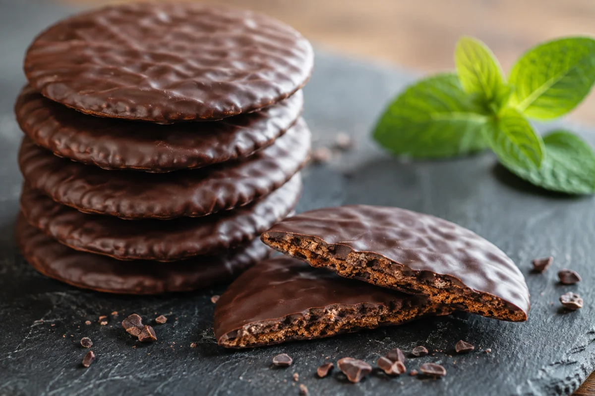 Copycat Thin Mints cookies, stacked with a bitten cookie showing the crisp mint chocolate layers — Recipeora
