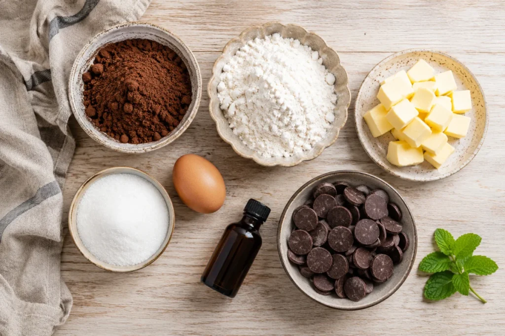 Copycat Thin Mints ingredients laid out — cocoa powder, chocolate wafers, peppermint extract — Recipeora