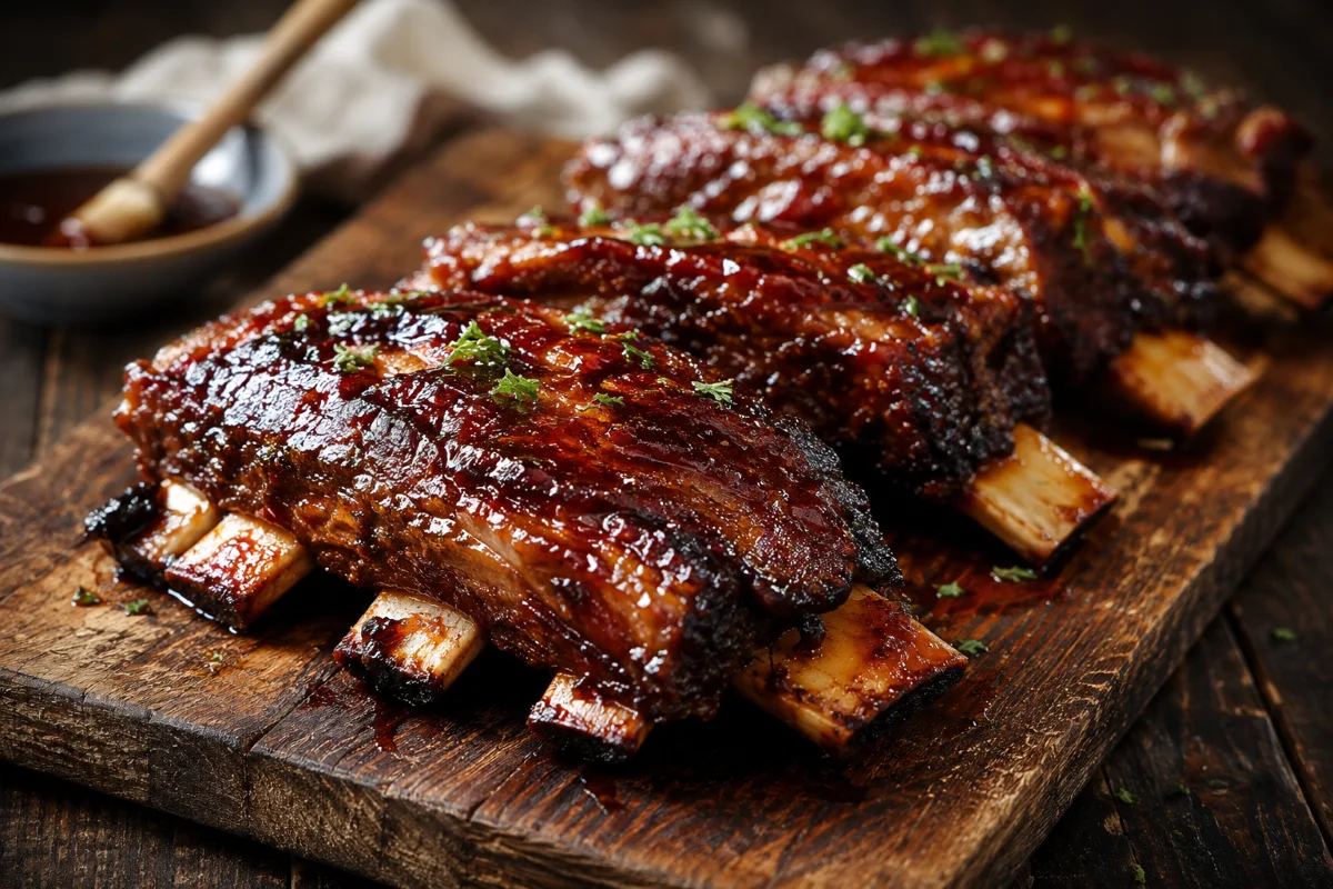 Oven baked beef ribs recipe, glazed and bone-up on a wooden board — Recipeora