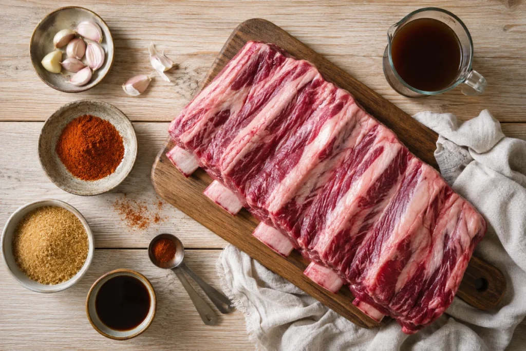 Oven baked beef ribs ingredients laid out — raw ribs, smoked paprika, garlic, beef broth — Recipeora