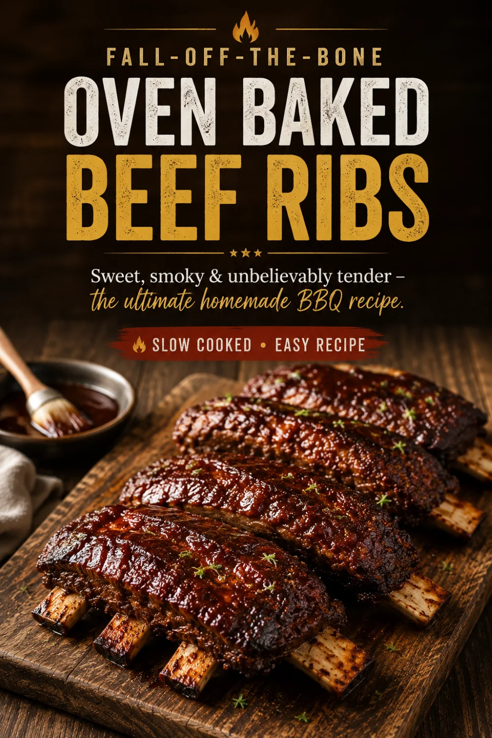 Oven baked beef ribs recipe Pinterest pin — fall off the bone low and slow ribs — Recipeora